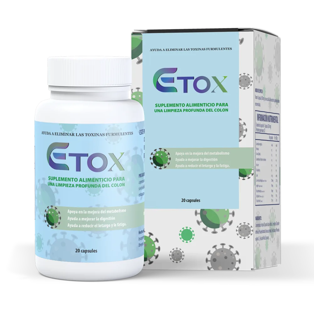 E‑Tox, frasco y caja de 20 cápsulas